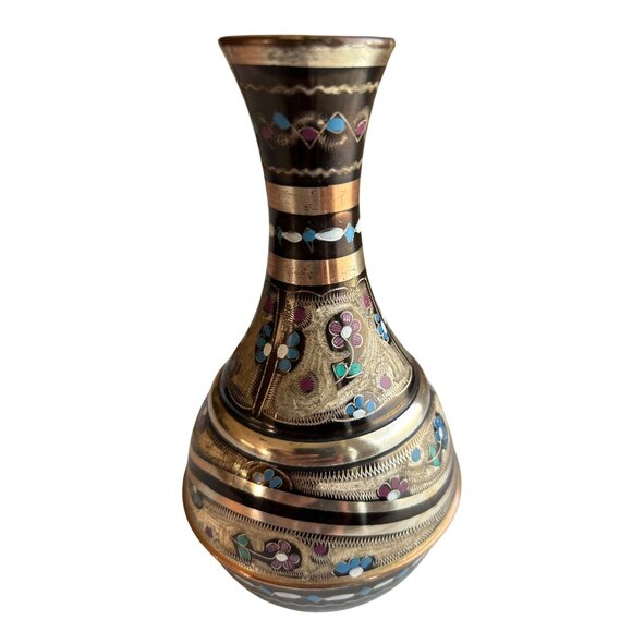 Vintage Hand-Painted Etched Metal Floral Vase Multicolor Gujistan Design - Picture 2 of 10